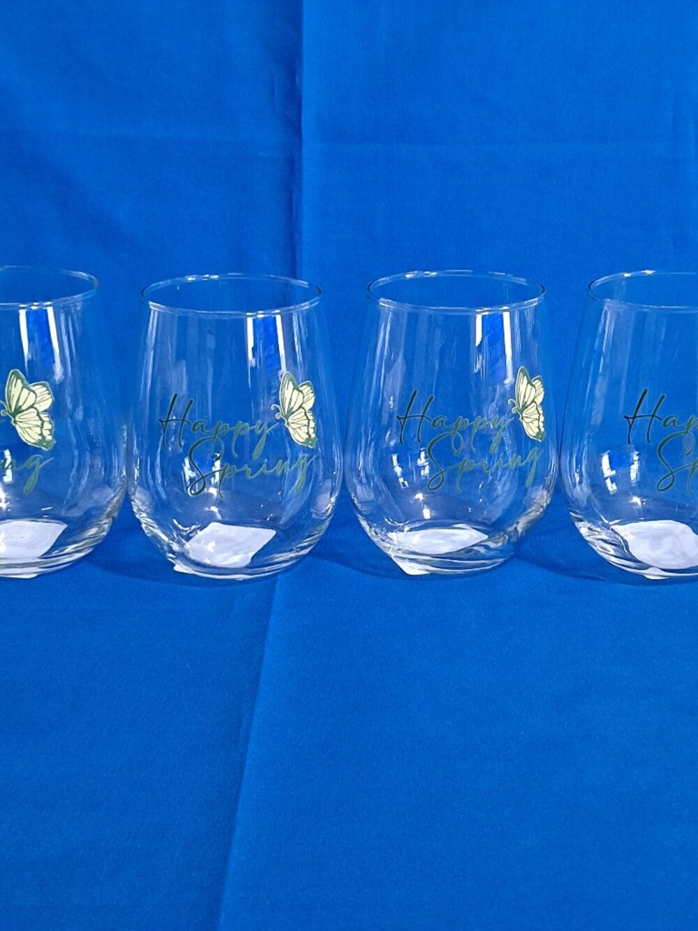 Royal Norfolk BLUE HYDRANGEA Stemless Wine Glasses "Happy Spring" Butterfly